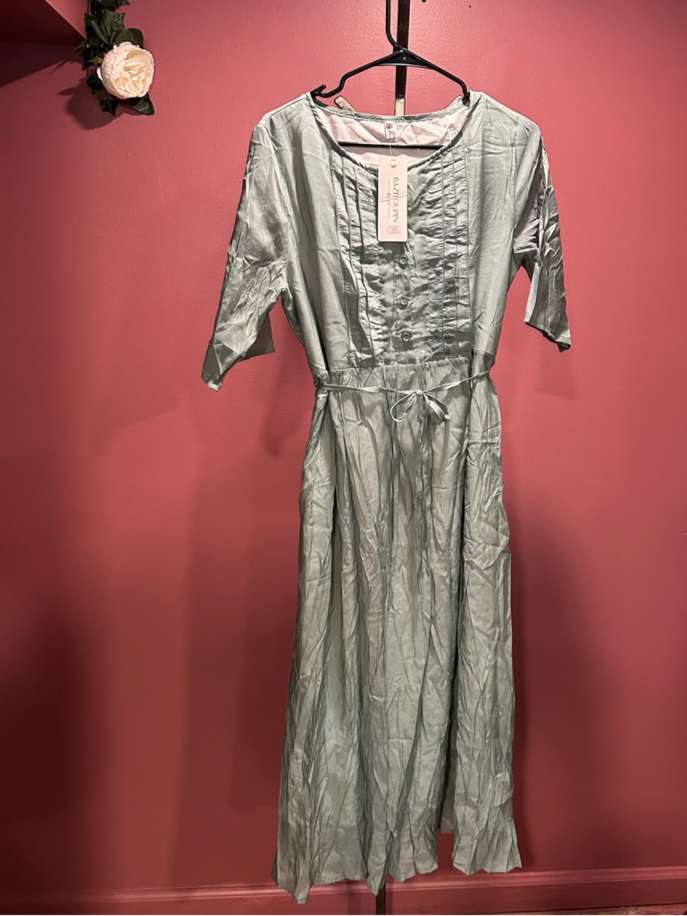 NWT Baziyoupin Light Sage Button-Front Midi Dress with Waist Tie